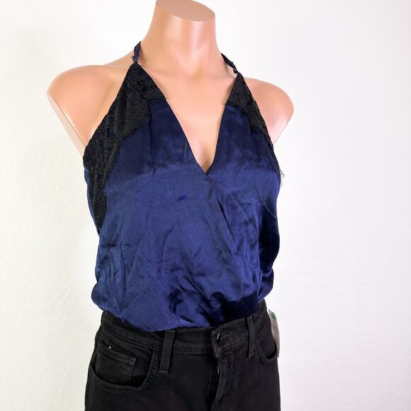 Socialite Satin Lace Sleeveless Bodysuit Racer Back Tank Top Black Blue S NWT - Picture 3 of 13